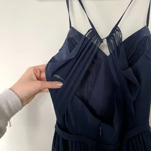 Azazie navy‎ blue long sleeved formal dress prom v-neck spaghetti straps size S thumbnail 3