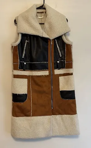 Paparazzi by Biz Sherpa Long Shearling Faux Suede Zip Vest Boho Western‎ S thumbnail 1