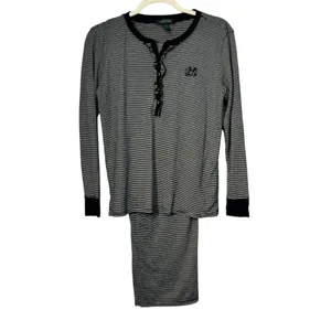 Lauren Ralph Lauren Womens Pajama Set Navy Blue White Striped Ruffle Henley M thumbnail 4