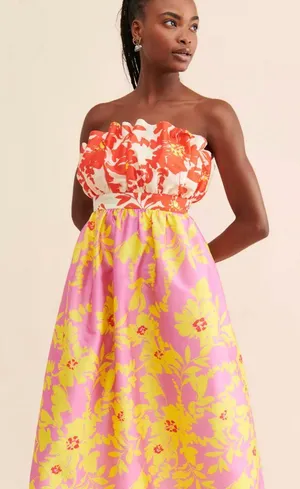 Anthropologie Vineet Bahl Multicolor Floral Strapless Gathered Midi Dress Sz XS thumbnail 1