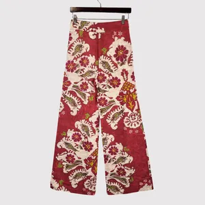 ZARA Womens Pants Red Floral Wide Leg Linen Blend Pleated Trouser Boho Small thumbnail 3