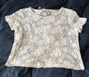 Anthropologie Crochet Floral Short Sleeve Top - Cream thumbnail 1
