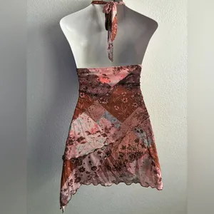 SheIn Y2K Fairytale Floral Halter Boho Backless Rusty Orange Patchwork Mini Dress S thumbnail 4