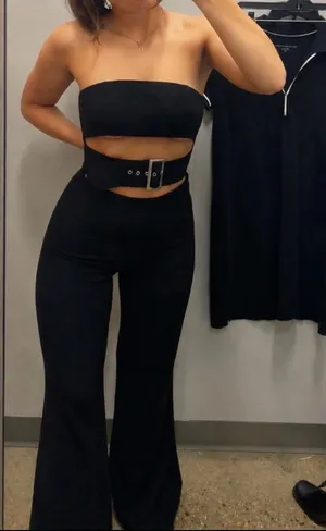 Strapless Black Wide-Leg Jumpsuit with Belted Cutout thumbnail 1