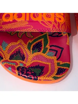 Adidas Adilette Comfort Slides Floral Print Women’s Size 9 Bright Pink Orange thumbnail 3