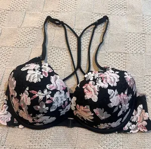 PINK Victoria's Secret Black Floral Lace Strappy Push-Up Bra thumbnail 1