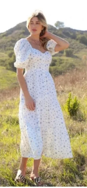 Rahi Anthropologie Ditzy Floral White Blue Cotton Midi Dress Size S‎ thumbnail 1