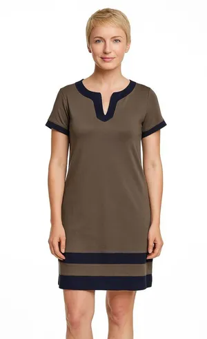 Tommy Hilfiger Womens Contrast Trim Shift Dress Taupe Navy Size Large thumbnail 1