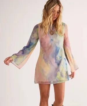 Nasty Gal Chiffon Marble Print Flared Sleeve Tunic Mini Dress thumbnail 1