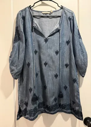 Soft Surroundings Denim Embroidered Tunic/Dress Tie Neck Tassels3/4 Sleeves Sz L thumbnail 1