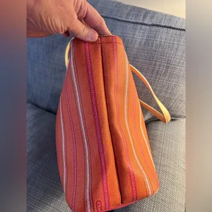 Coach Vintage Striped Orange& Pink Tote Bag with tan leather handles. Zip top thumbnail 10