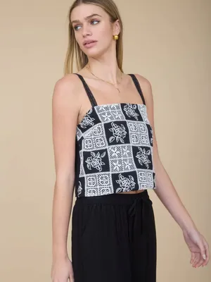 NEW The Workshop Floral Embroidered Checkered Lace Spaghetti Strap Top – Small thumbnail 3