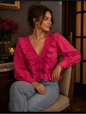 Feminine Ruffled V-Neck Peplum Blouse in Hot Pink thumbnail 2