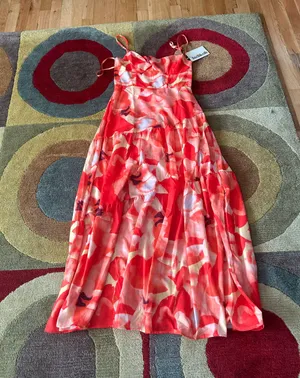 INDIKAH NWT Seona Maxi Dress Orange Watercolor Print Spaghetti Straps Size Small thumbnail 1