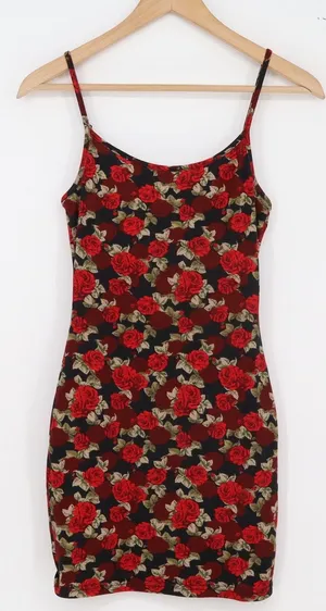 SHEIN Mini Dress Womens XS Bodycon Black Red Rose Floral Spaghetti Strap Exc thumbnail 1