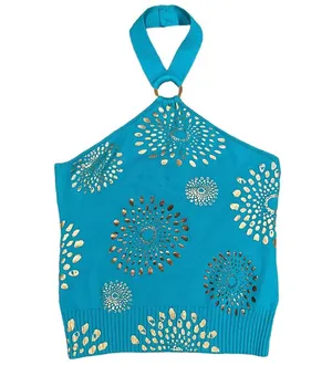 Y2K Halter Top Sz Medium Turquoise Metallic Printed Top thumbnail 1