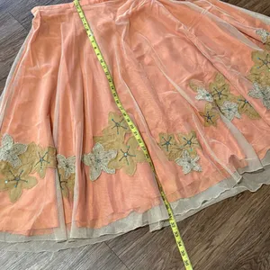 Citrine Midi Skirt Mesh Overlay Burlap-Like Leaf Applique Blue Beads Sequins 14 thumbnail 11