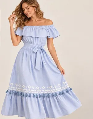 Flying Tomato Dress Women's L Blue White Pinstripe Off Shoulder Embroidered Boho thumbnail 1