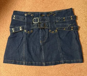 Dark Denim Mini Skirt with Double Belt Waist thumbnail 1