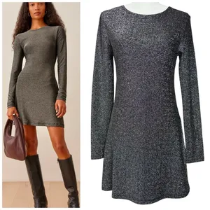 Reformation Dress M Riley‎ Fit & Flare Long Sleeve Metallic Dress Sparkly LBD thumbnail 2
