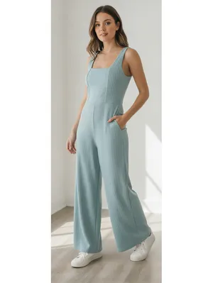 Wild Fable Ribbed Knit Wide Leg Jumpsuit, Sage Blue, Size M thumbnail 5