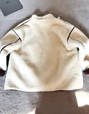 Cream Sherpa Jacket with Brown Trim White thumbnail 2