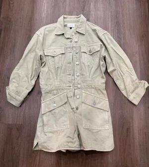 7 For All Mankind Unique Utility Denim Jumpsuit‎ Dress Khaki Button Front Pockets Size S thumbnail 1