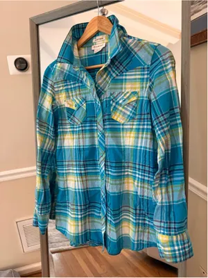 Women's Ariat Blue Yellow Plaid Fitted Button Down Shirt S thumbnail 2