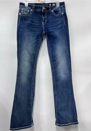 Miss Me Women's Dark Blue sequin Embroidered pockets mid rise Bootcut Jeans 31 thumbnail 1