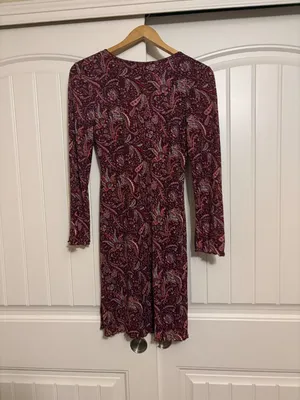 Old Navy Paisley Print Dress Medium Midi Length Long Sleeve Burgundy Nylon NWT thumbnail 3