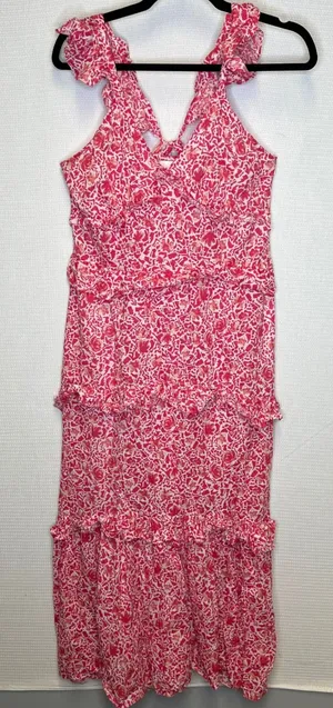 MISA Los Angeles Pink Floral Tiered Maxi Dress Ruffle V-Neck Size M thumbnail 1