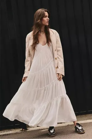 Free People Bohemian Ethereal Billowy Horizon Coast Maxi Dress White Large NWT thumbnail 1