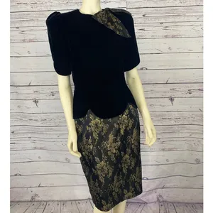 Vintage 1980s Scott McClintock Black Velvet Gold Brocade Dress Open Back S/M thumbnail 15