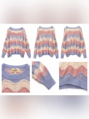 Entro Women’s Small Oversized Pastel Chevron Open Knit Sweater Pink Blue Cream thumbnail 6