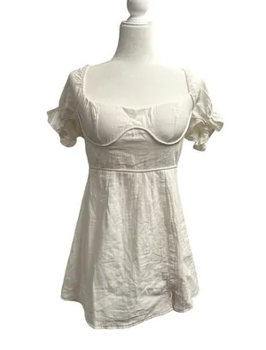 Here Comes the Sun NEW Norma Puff Sleeve Cutout Back Mini Dress White NWT thumbnail 4