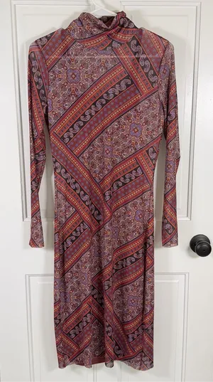 Steve Madden Vivienne Paisley Mesh Turtleneck Midi Dress M thumbnail 1