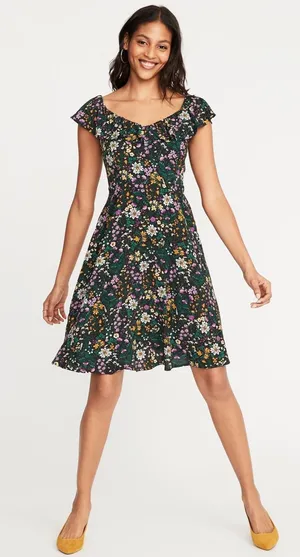 Old Navy Dark Green Floral Ruffle-Neck Fit N Flare Mini Dress Casual Summer Med thumbnail 1