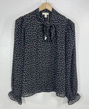 Tamara H Polka Dot‎ Blouse M Women Black Pink Tie Neck Long Sleeve Top Office thumbnail 1