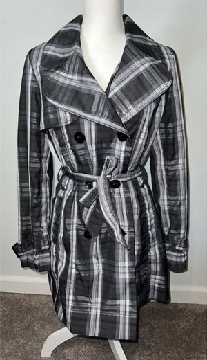 Willi Smith Casual Plaid Gray/Purple Button Rain Coat MEDIUM Jacket thumbnail 1