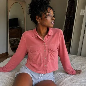 Intimately Free People Pink Long Sleeve Button Down Pajama Top Cropped Size XS thumbnail 1