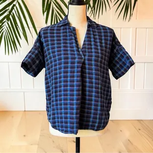 Madewell XS Blue Plaid Short Sleeve Popover Shirt 100% Cotton thumbnail 2