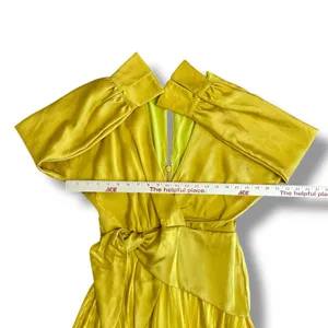 Chartreuse Pleated Wrap Dress Long Sleeve Asym Hem Midi Yellow Women‎ thumbnail 3