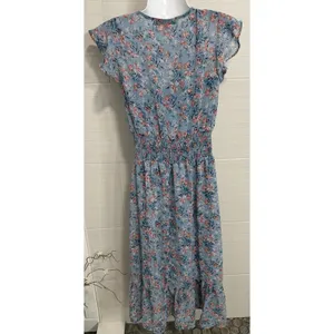 Gypsies & Moondust Flutter Sleeve Dusty Blue Floral Maxi Dress S, Ruffle Hem thumbnail 4