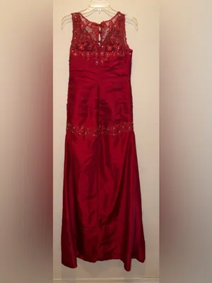 Formal Lace Dress in Red with semi sheer floral embroidery evening cocktail thumbnail 3