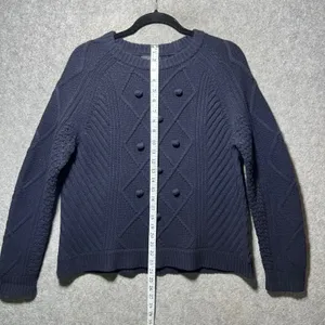 J.Crew Navy Blue‎ 100% Wool Sweater Bobble Diamond Cable Knit Crewneck Medium thumbnail 4