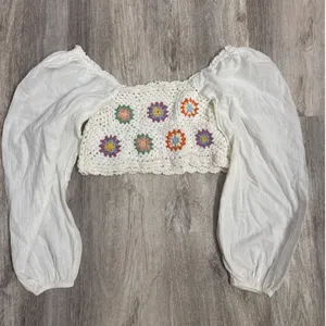 Aerie Crochet Granny Square Balloon Sleeve‎ Boho Crop Top White Size Small thumbnail 6