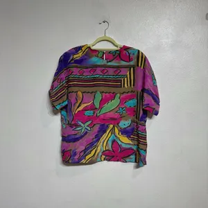 Le Caviar Blue Floral Vintage Blouse Sz L thumbnail 2