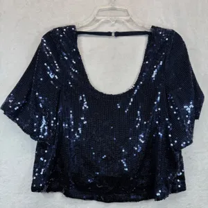 Free People Sequin Top‎ Party Blouse Sparkly Navy Blue Short Sleeve XS READ thumbnail 1
