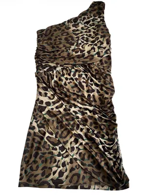 H&O Leopard Print One Shoulder Ruched Bodycon Mini Dress Size M thumbnail 1