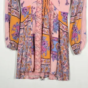 Free People Mixin' It Up Mini Dress XS Pink Orange Paisley V-Neck Boho Hippie thumbnail 6